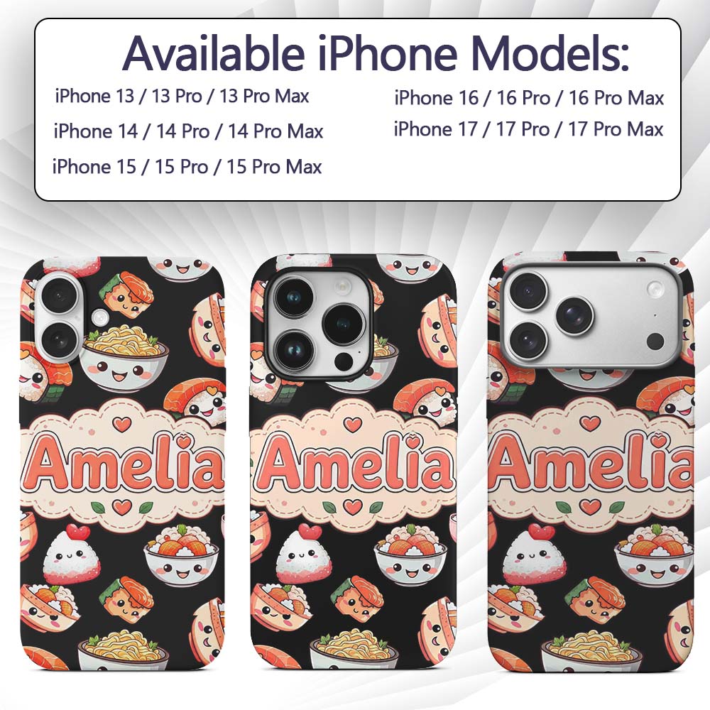 Cute Kawaii Sushi Rice Bowls and Noodles on Black Custom Name Protective Phone Case Mobile Cover Durable Everyday Smartphone Shock Resistant