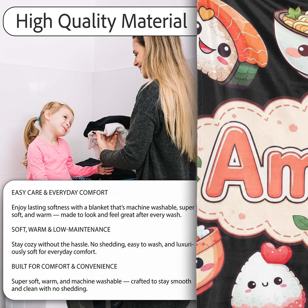 Cute Kawaii Sushi Rice Bowls and Noodles on Black Background Personalised Custom Name Super Soft Fleece Blanket Bed Sofa Throw
