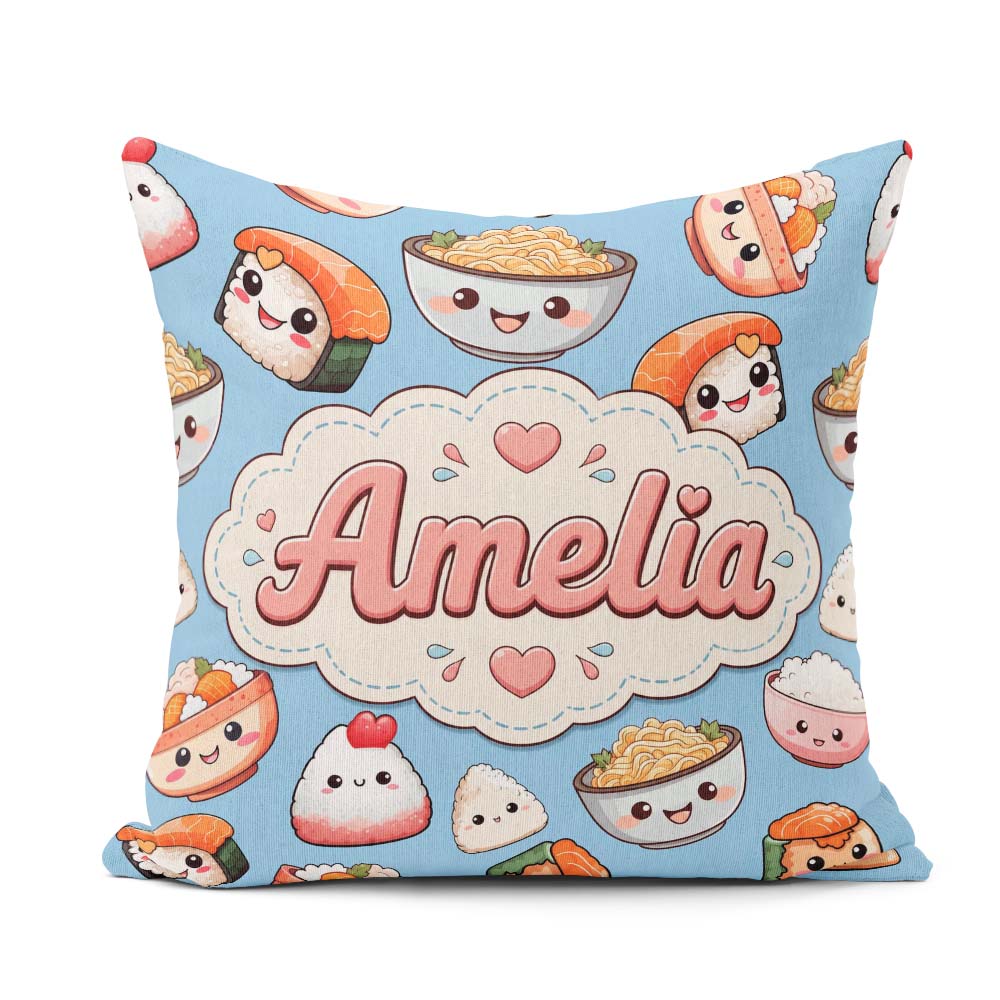 Custom Name Cute Sushi Rice Bowls and Noodles on Blue Background Square Filled Cushion Throw Pillow Sofa Bed Home Decor Zip Washable UK Made