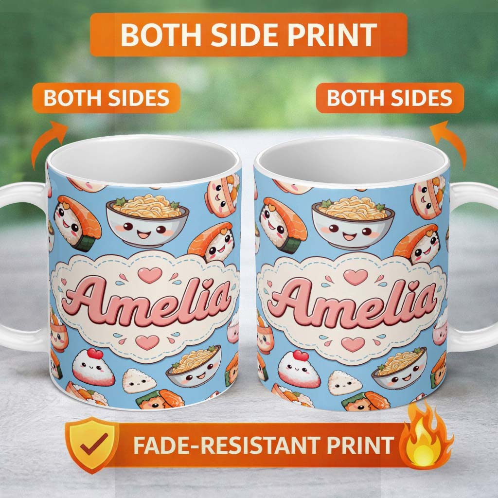 Personalized Custom Name Cute Kawaii Sushi Rice Bowls and Noodles on Blue Background 11oz Ceramic Coffee Tea Mug White Large Handle