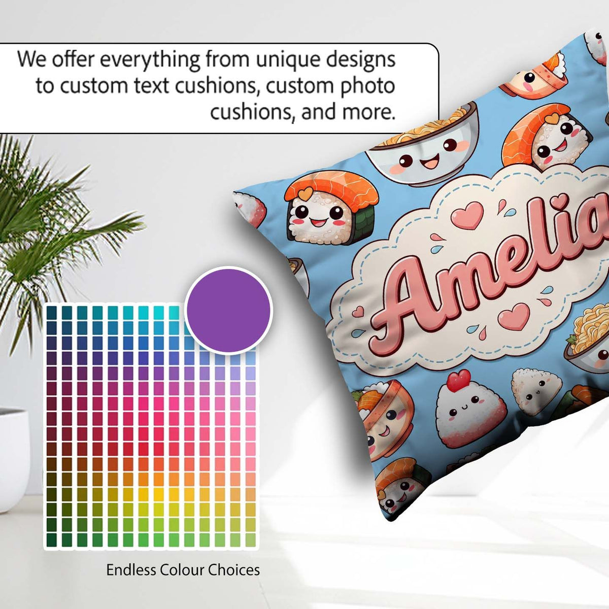 Custom Name Cute Sushi Rice Bowls and Noodles on Blue Background Square Filled Cushion Throw Pillow Sofa Bed Home Decor Zip Washable UK Made