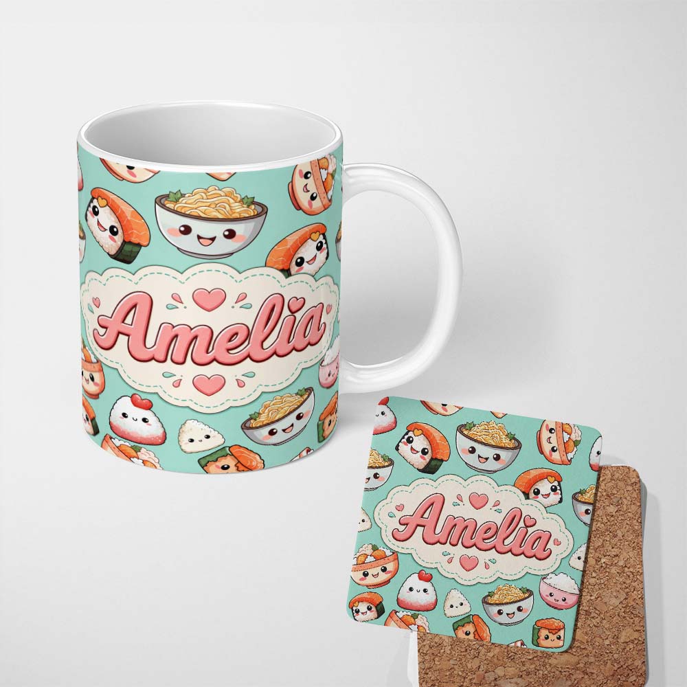 Personalized Custom Name Cute Kawaii Sushi Rice Bowls and Noodles on Mint Background 11oz Ceramic Coffee Tea Mug White Large Handle
