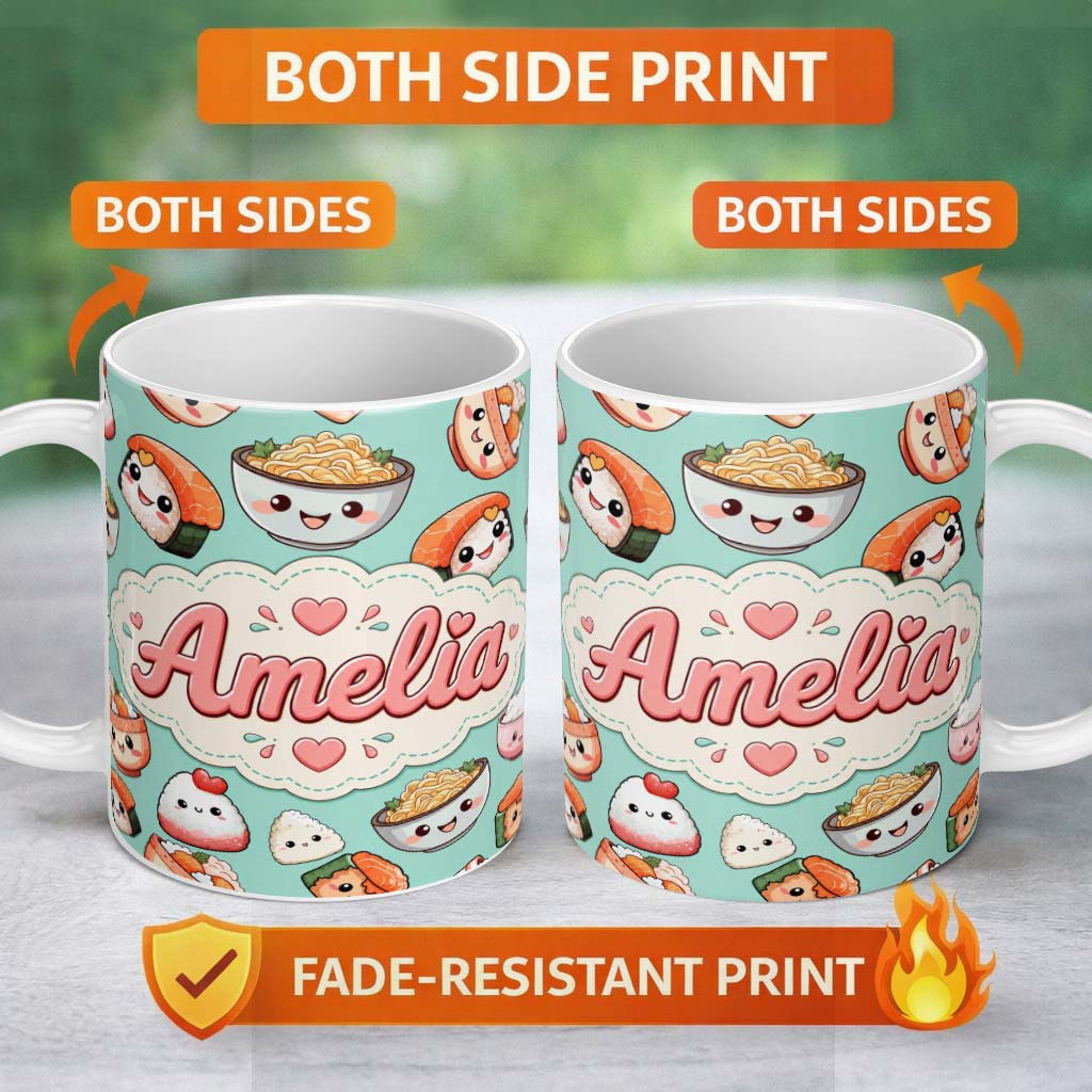 Personalized Custom Name Cute Kawaii Sushi Rice Bowls and Noodles on Mint Background 11oz Ceramic Coffee Tea Mug White Large Handle