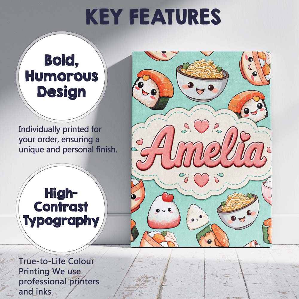 Personalised Name Cute Kawaii Sushi Rice Custom Unique Gift Idea Elegant Feature Canvas Wall Art Print Decor Picture Ready to Hang