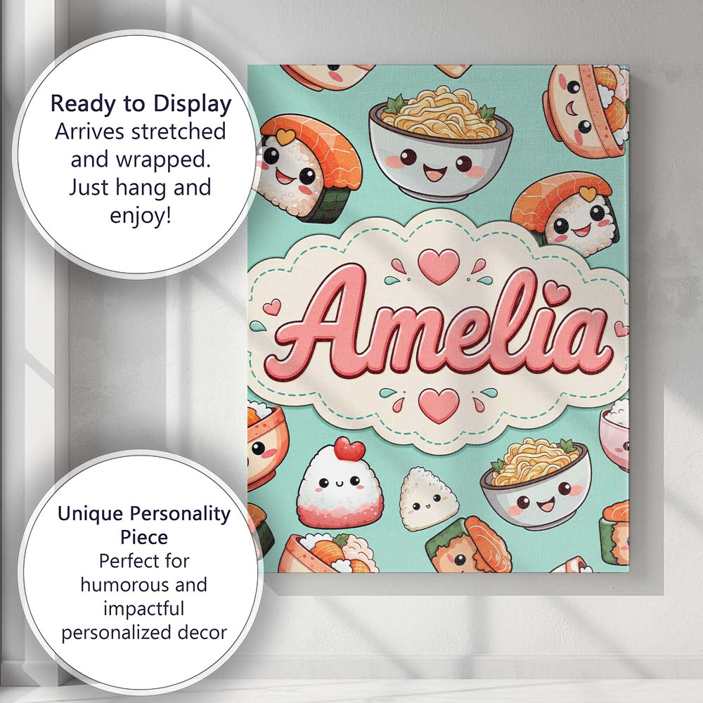 Personalised Name Cute Kawaii Sushi Rice Custom Unique Gift Idea Elegant Feature Canvas Wall Art Print Decor Picture Ready to Hang