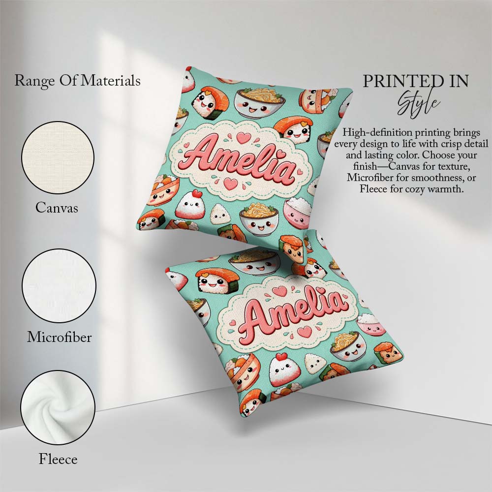 Custom Name Cute Sushi Rice Bowls and Noodles on Mint Background Square Filled Cushion Throw Pillow Sofa Bed Home Decor Zip Washable UK Made