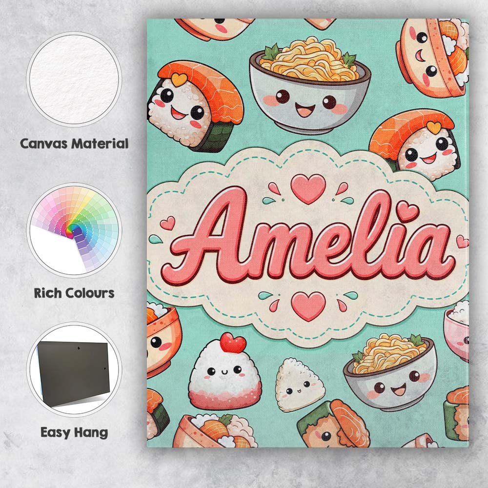 Personalised Name Cute Kawaii Sushi Rice Custom Unique Gift Idea Elegant Feature Canvas Wall Art Print Decor Picture Ready to Hang