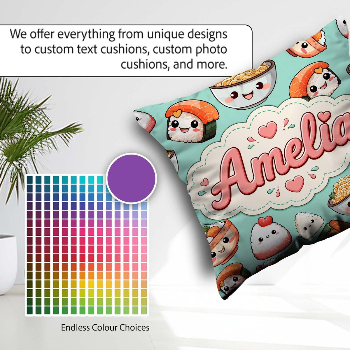 Custom Name Cute Sushi Rice Bowls and Noodles on Mint Background Square Filled Cushion Throw Pillow Sofa Bed Home Decor Zip Washable UK Made