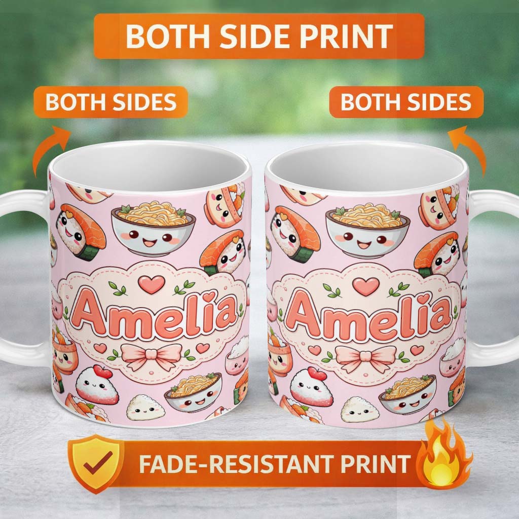 Personalized Custom Name Kawaii Sushi Rice Bowls and Noodles on Light Pink Seamless Pattern 11oz Ceramic Coffee Tea Mug White Large Handle