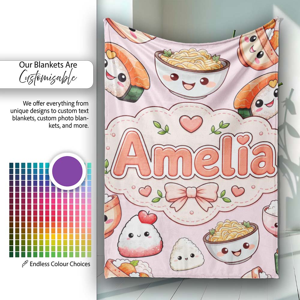 Kawaii Sushi Rice Bowls and Noodles on Light Pink Seamless Pattern Personalised Custom Name Super Soft Fleece Blanket Bed Sofa Throw