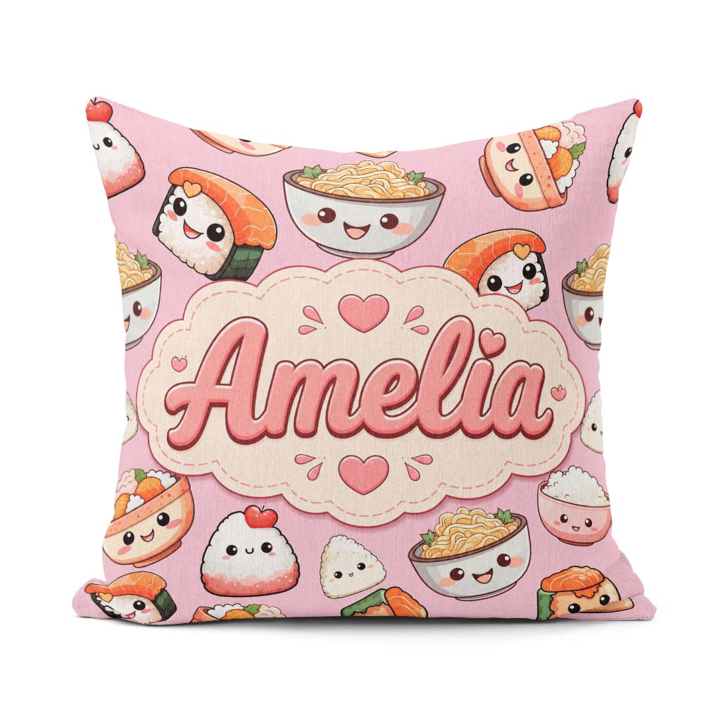 Custom Name Cute Sushi Rice Bowls and Noodles on Pink Background Square Filled Cushion Throw Pillow Sofa Bed Home Decor Zip Washable UK Made