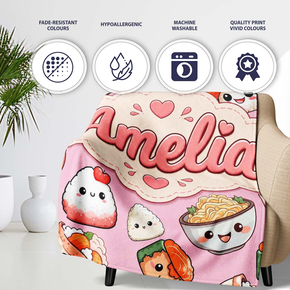 Cute Kawaii Sushi Rice Bowls and Noodles on Pink Background Personalised Custom Name Super Soft Fleece Blanket Bed Sofa Throw