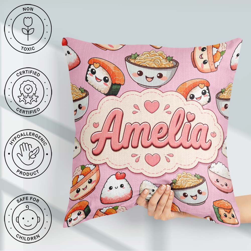 Custom Name Cute Sushi Rice Bowls and Noodles on Pink Background Square Filled Cushion Throw Pillow Sofa Bed Home Decor Zip Washable UK Made