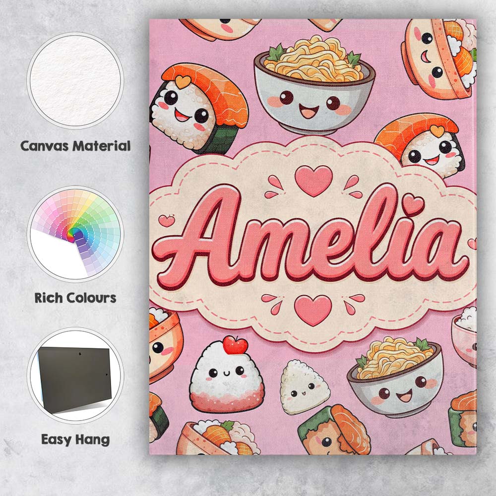 Personalised Name Cute Kawaii Sushi Rice Custom Unique Gift Idea Elegant Feature Canvas Wall Art Print Decor Picture Ready to Hang