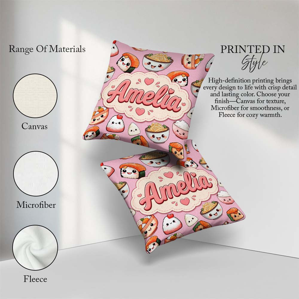 Custom Name Cute Sushi Rice Bowls and Noodles on Pink Background Square Filled Cushion Throw Pillow Sofa Bed Home Decor Zip Washable UK Made
