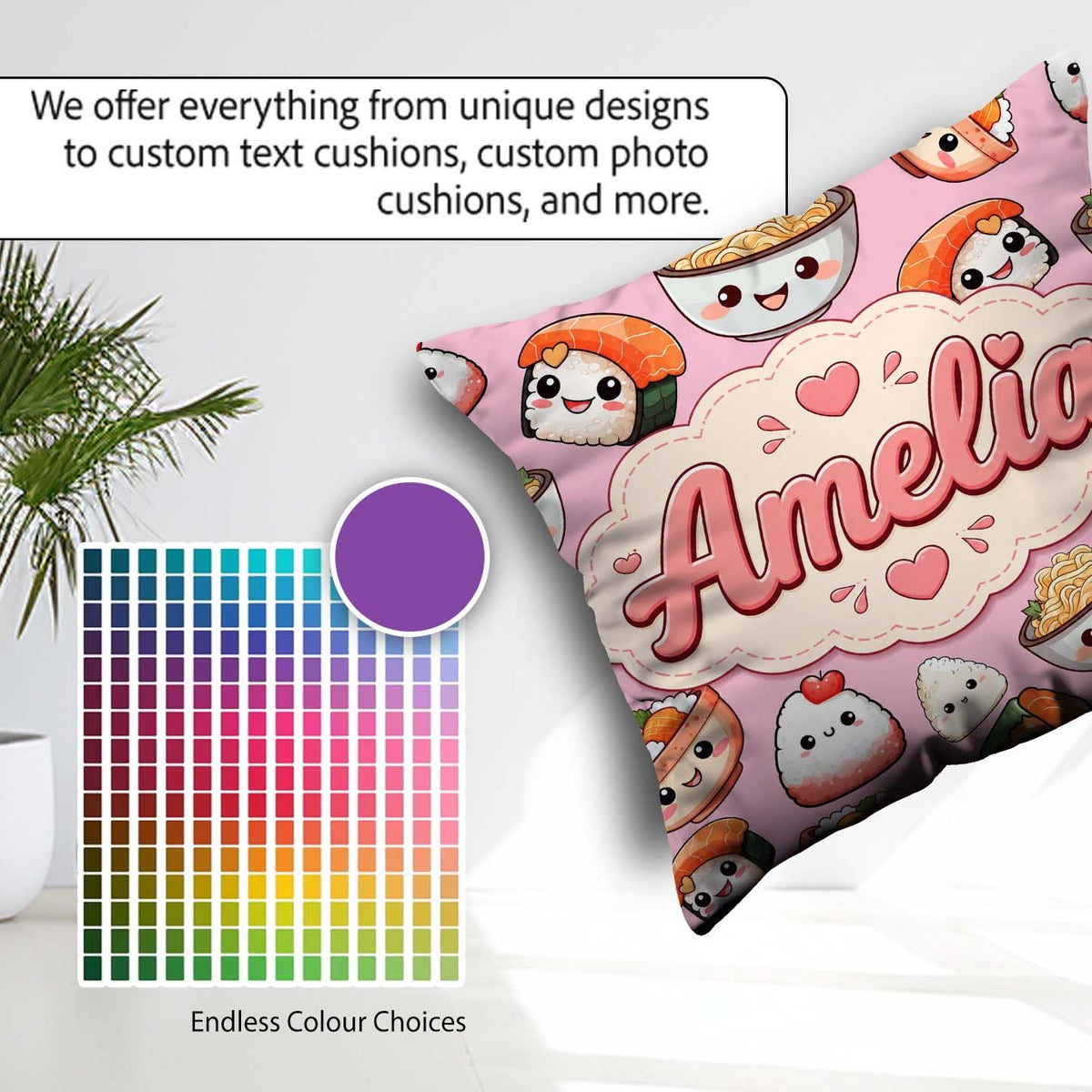 Custom Name Cute Sushi Rice Bowls and Noodles on Pink Background Square Filled Cushion Throw Pillow Sofa Bed Home Decor Zip Washable UK Made