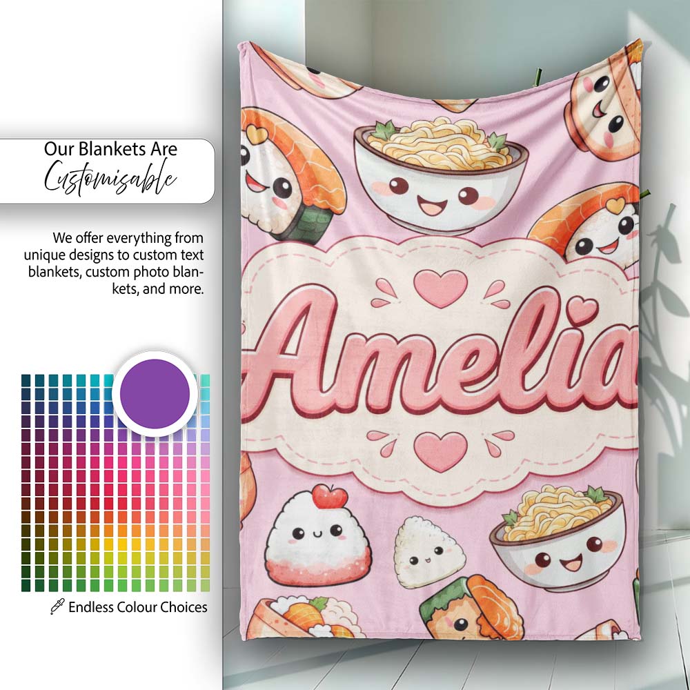 Cute Kawaii Sushi Rice Bowls and Noodles on Pink Background Personalised Custom Name Super Soft Fleece Blanket Bed Sofa Throw