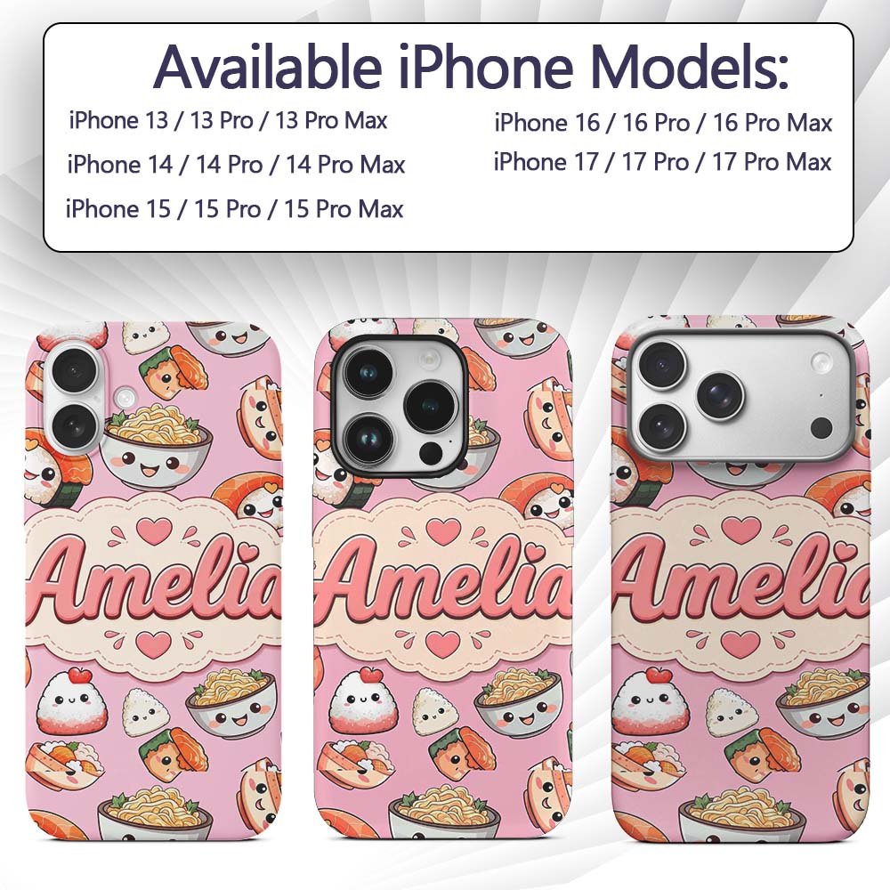 Cute Kawaii Sushi Rice Bowls and Noodles on Pink Custom Name Protective Phone Case Mobile Cover Durable Everyday Smartphone Shock Resistant