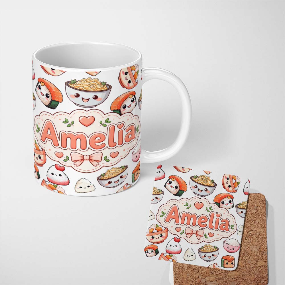 Personalized Custom Name Cute Kawaii Sushi Rice Bowls and Noodles on White Background 11oz Ceramic Coffee Tea Mug White Large Handle