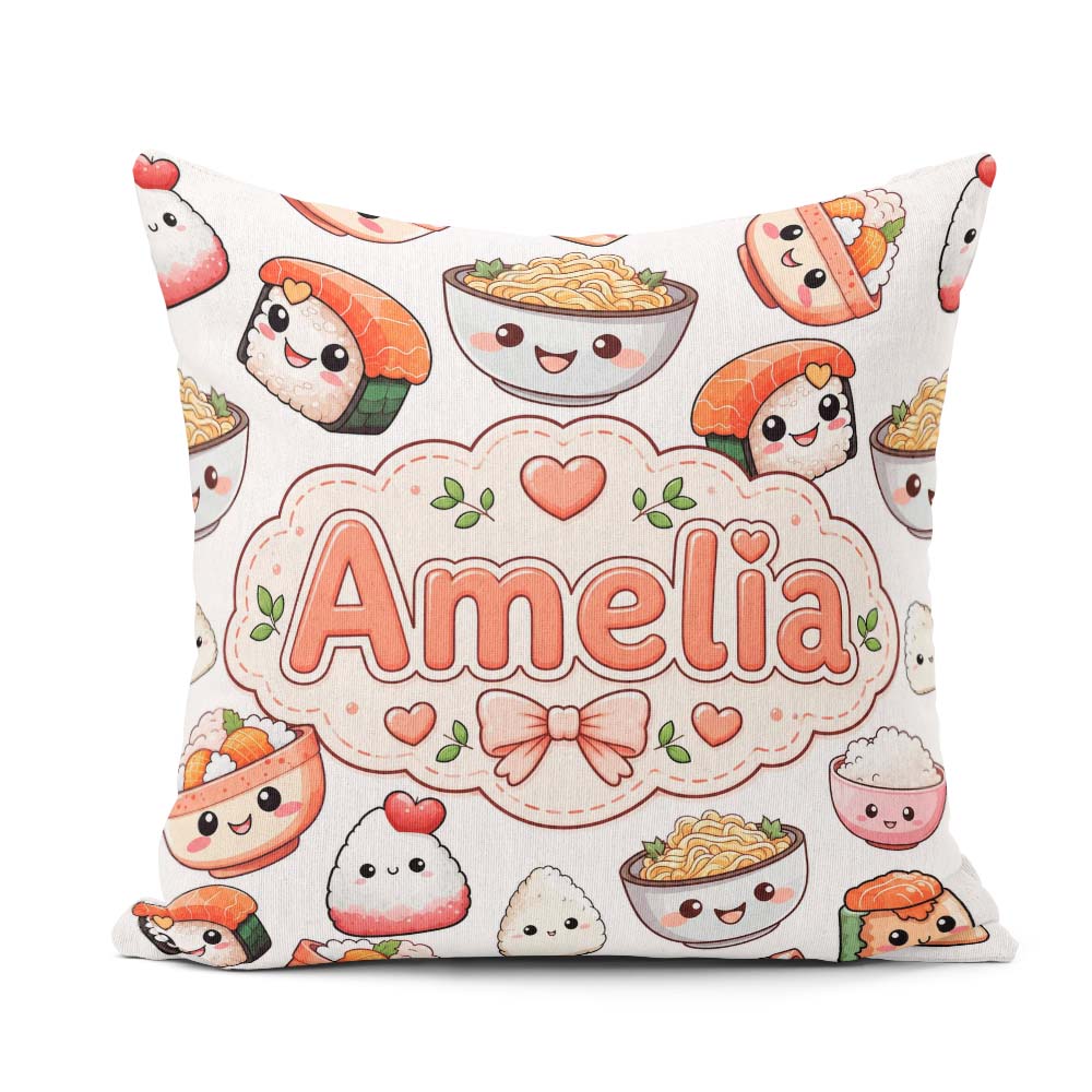 Custom Name Cute Kawaii Sushi Rice Bowls and on White Background Square Filled Cushion Throw Pillow Sofa Bed Home Decor Zip Washable UK Made