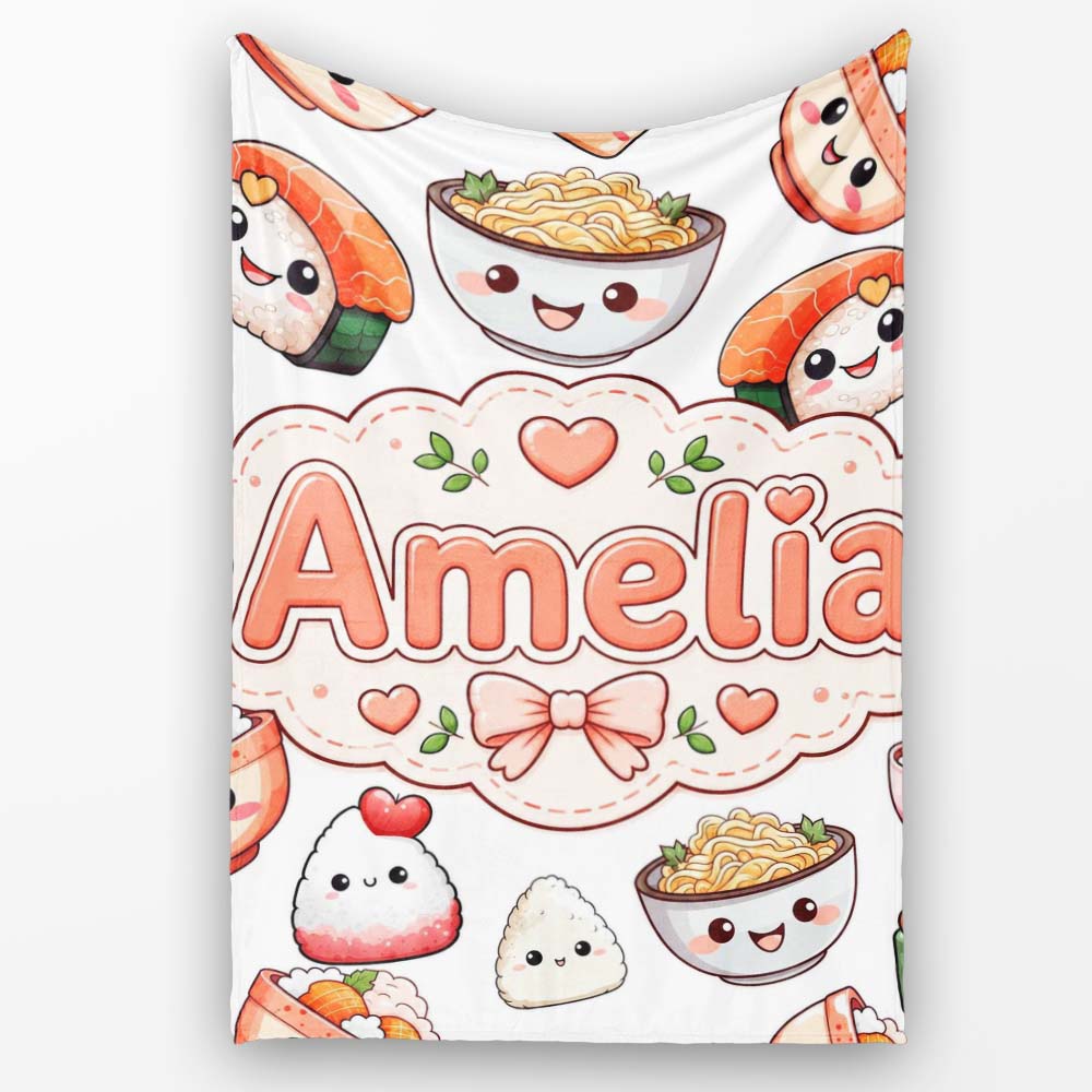 Cute Kawaii Sushi Rice Bowls and Noodles on White Background Personalised Custom Name Super Soft Fleece Blanket Bed Sofa Throw