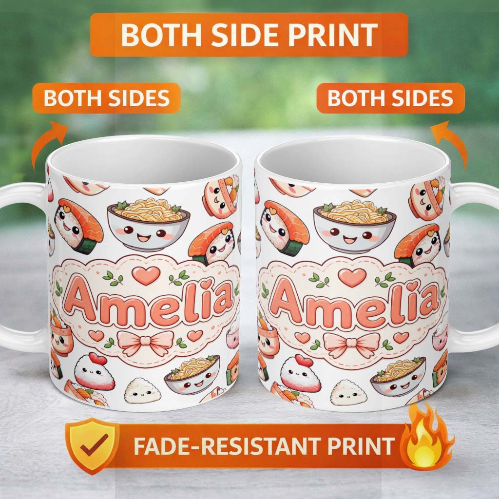 Personalized Custom Name Cute Kawaii Sushi Rice Bowls and Noodles on White Background 11oz Ceramic Coffee Tea Mug White Large Handle