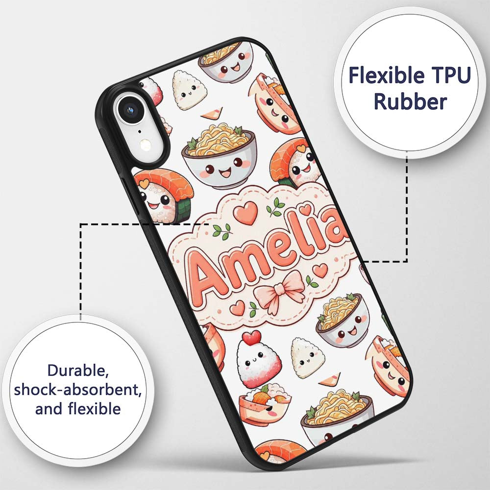 Cute Kawaii Sushi Rice Bowls and Noodles on White Custom Name Protective Phone Case Mobile Cover Durable Everyday Smartphone Shock Resistant