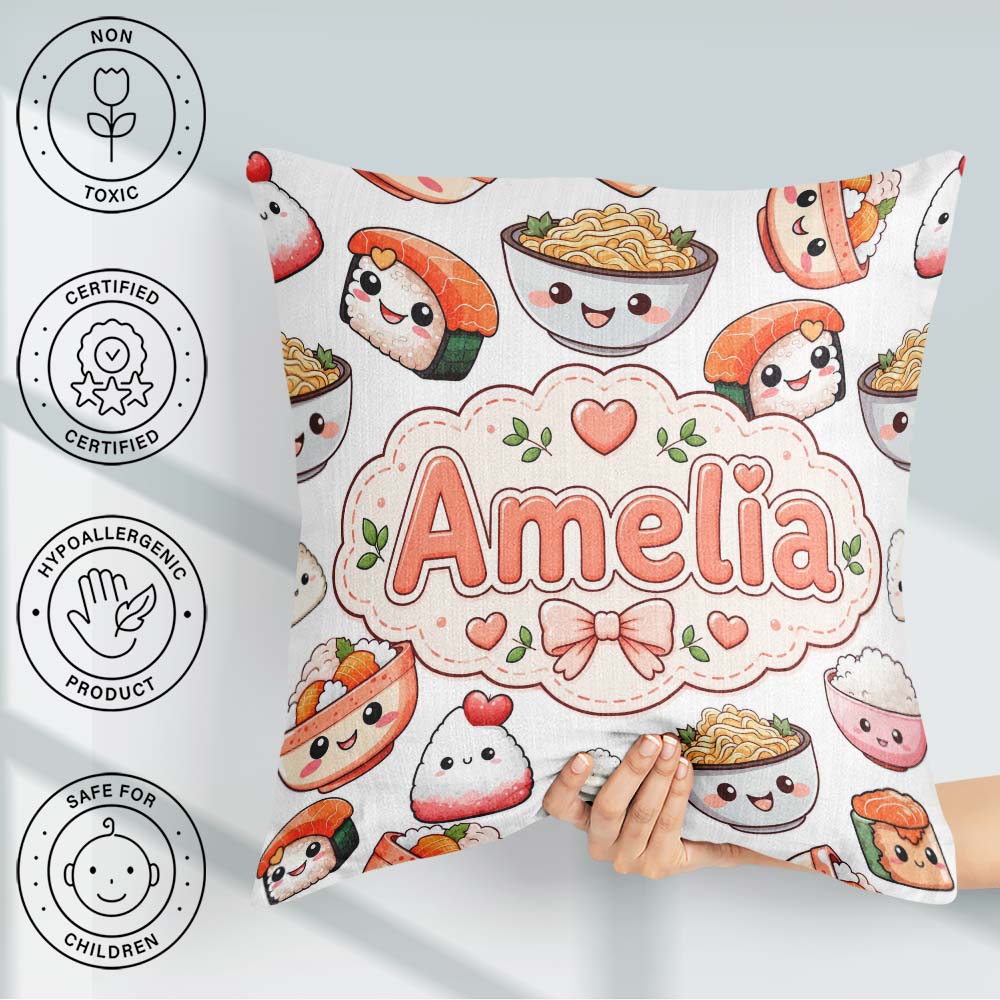 Custom Name Cute Kawaii Sushi Rice Bowls and on White Background Square Filled Cushion Throw Pillow Sofa Bed Home Decor Zip Washable UK Made