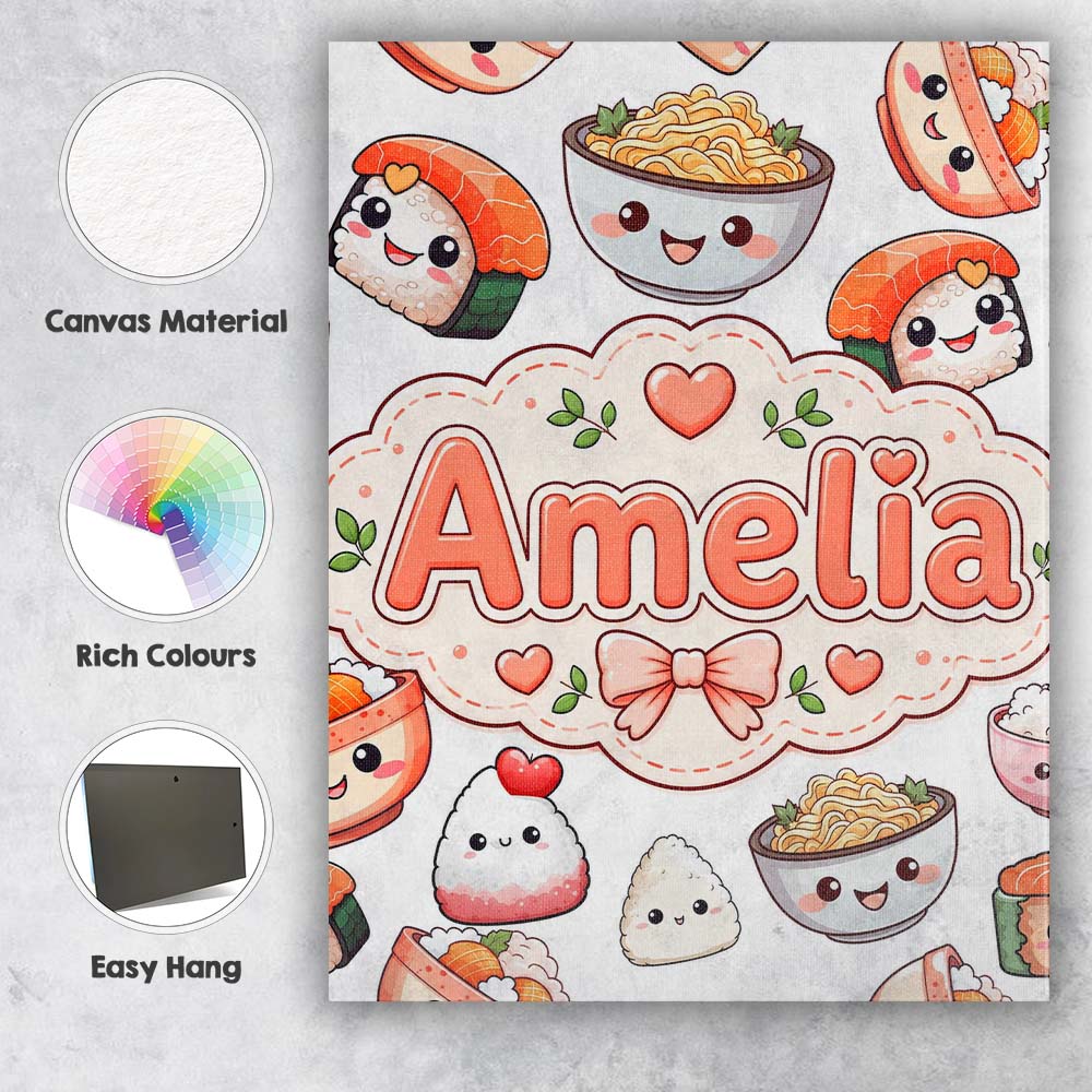 Personalised Name Cute Kawaii Sushi Rice Custom Unique Gift Idea Elegant Feature Canvas Wall Art Print Decor Picture Ready to Hang