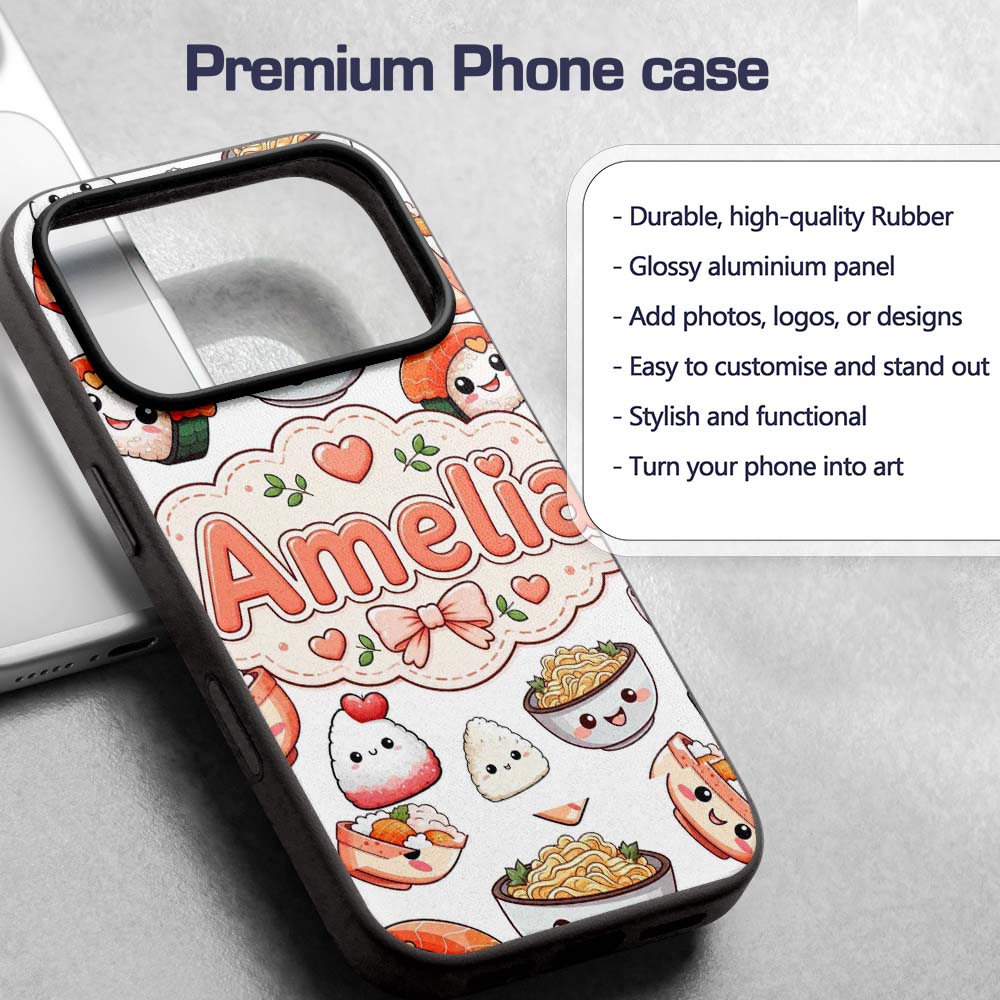Cute Kawaii Sushi Rice Bowls and Noodles on White Custom Name Protective Phone Case Mobile Cover Durable Everyday Smartphone Shock Resistant