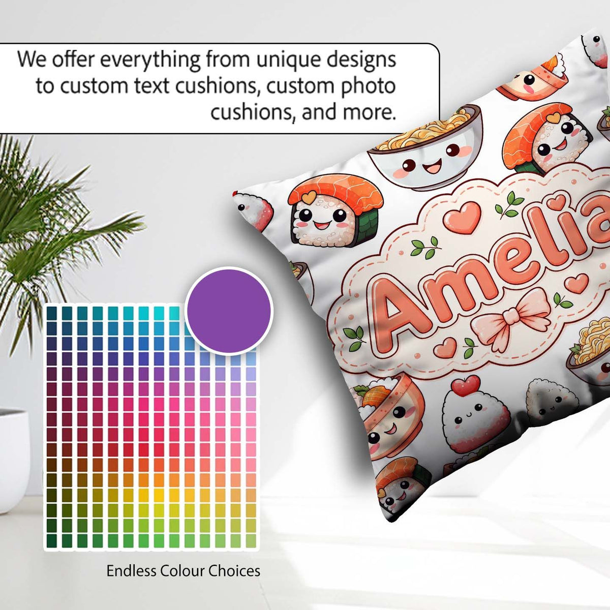Custom Name Cute Kawaii Sushi Rice Bowls and on White Background Square Filled Cushion Throw Pillow Sofa Bed Home Decor Zip Washable UK Made