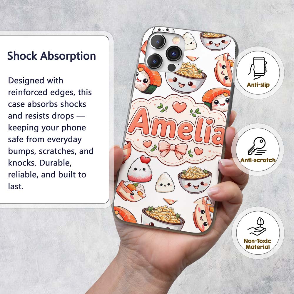 Cute Kawaii Sushi Rice Bowls and Noodles on White Custom Name Protective Phone Case Mobile Cover Durable Everyday Smartphone Shock Resistant