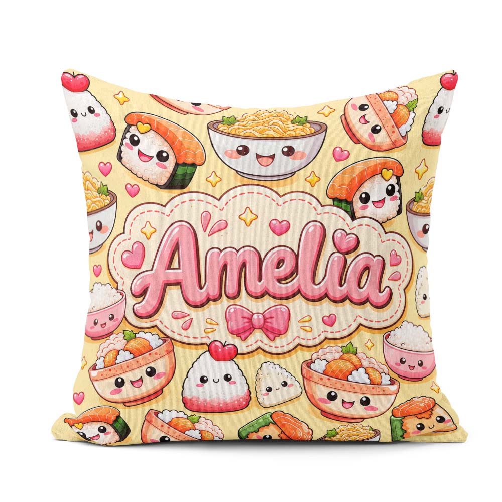 Custom Name Cute Kawaii Sushi Rice Bowls and on Beige Background Square Filled Cushion Throw Pillow Sofa Bed Home Decor Zip Washable UK Made