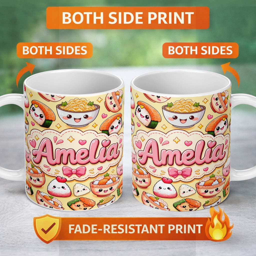 Personalized Custom Name Cute Kawaii Sushi Rice Bowls and Noodles on Beige Background 11oz Ceramic Coffee Tea Mug White Large Handle