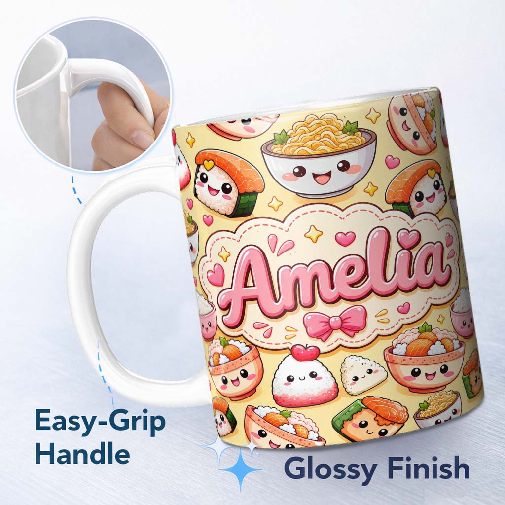 Personalized Custom Name Cute Kawaii Sushi Rice Bowls and Noodles on Beige Background 11oz Ceramic Coffee Tea Mug White Large Handle