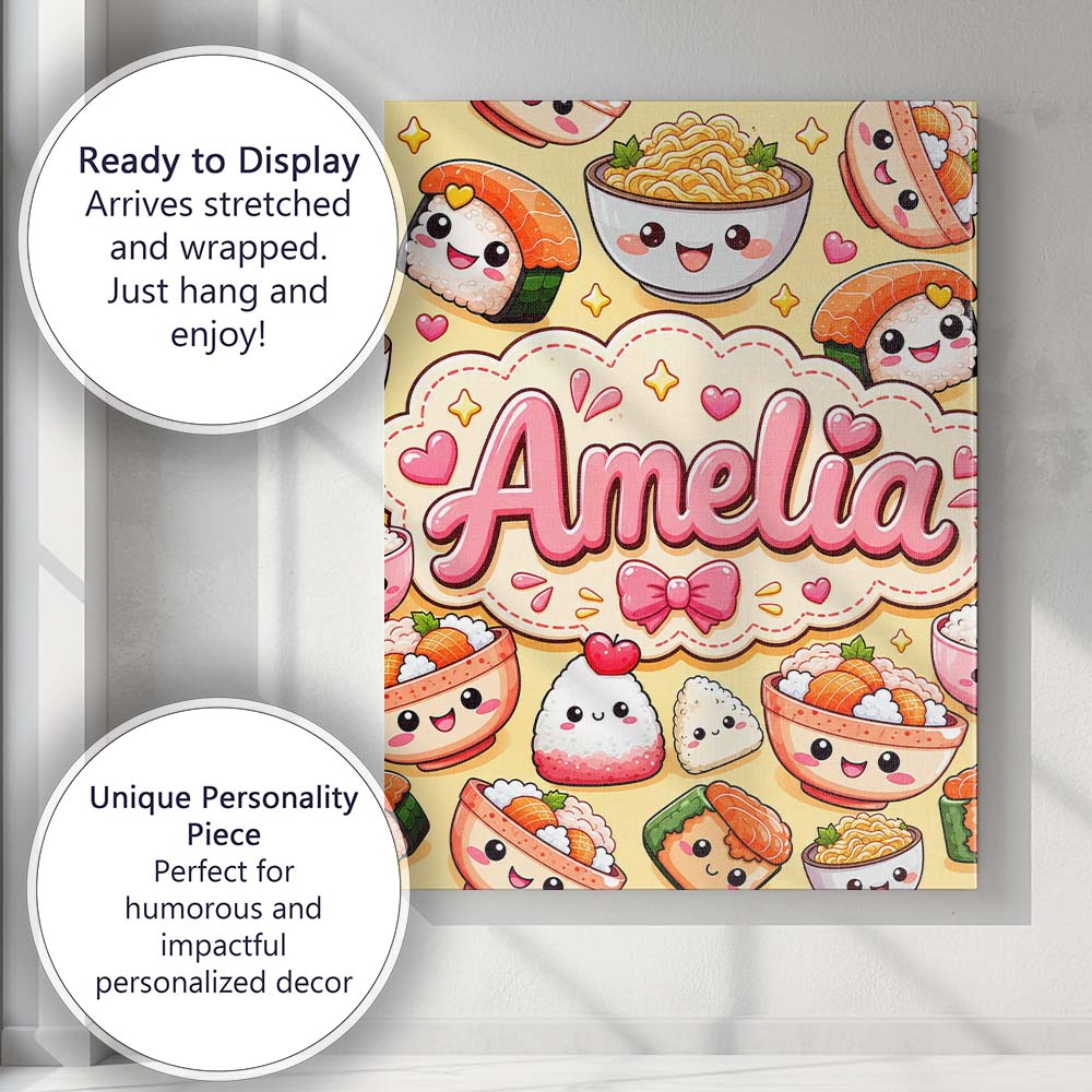 Personalised Name Cute Kawaii Sushi Rice Custom Unique Gift Idea Elegant Feature Canvas Wall Art Print Decor Picture Ready to Hang