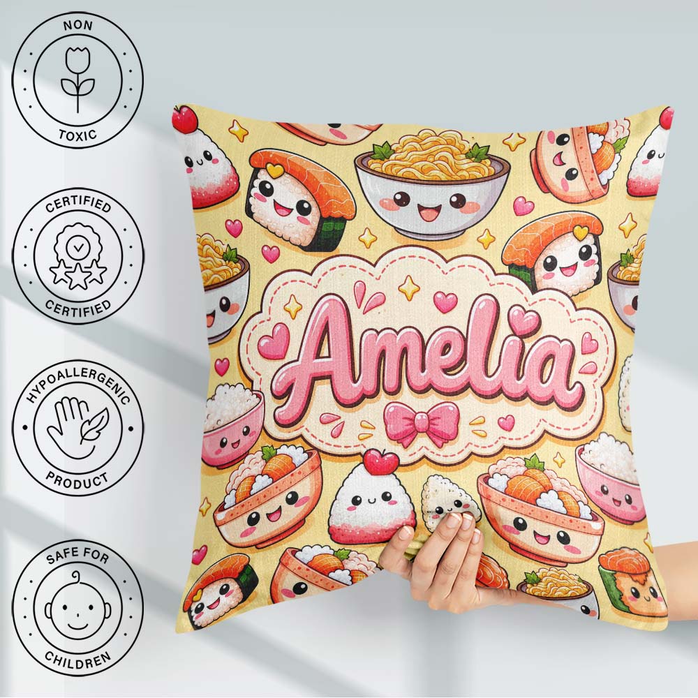 Custom Name Cute Kawaii Sushi Rice Bowls and on Beige Background Square Filled Cushion Throw Pillow Sofa Bed Home Decor Zip Washable UK Made