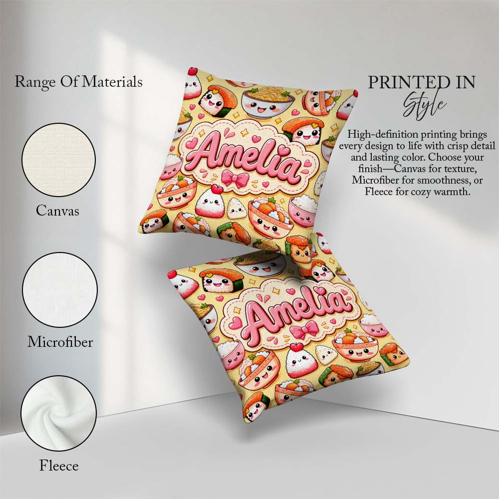 Custom Name Cute Kawaii Sushi Rice Bowls and on Beige Background Square Filled Cushion Throw Pillow Sofa Bed Home Decor Zip Washable UK Made