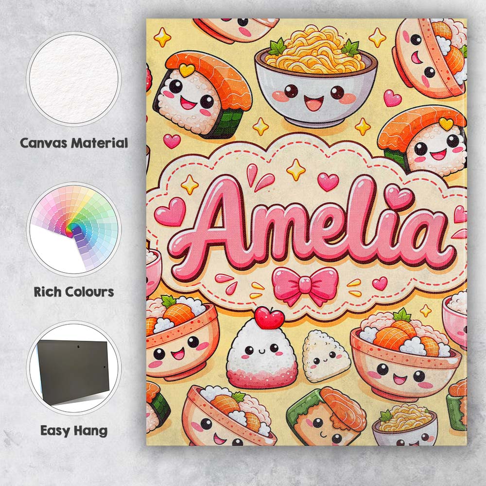 Personalised Name Cute Kawaii Sushi Rice Custom Unique Gift Idea Elegant Feature Canvas Wall Art Print Decor Picture Ready to Hang