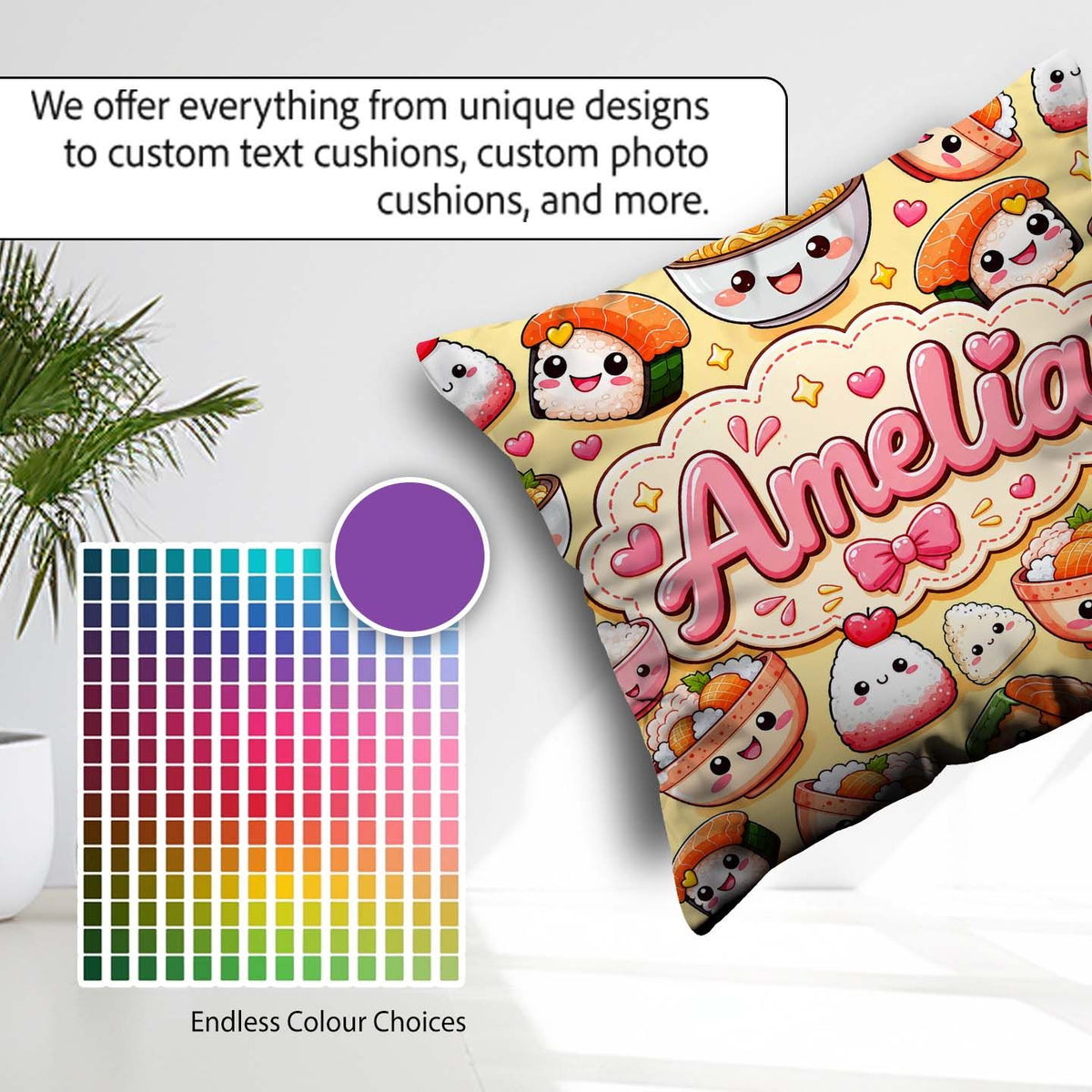 Custom Name Cute Kawaii Sushi Rice Bowls and on Beige Background Square Filled Cushion Throw Pillow Sofa Bed Home Decor Zip Washable UK Made