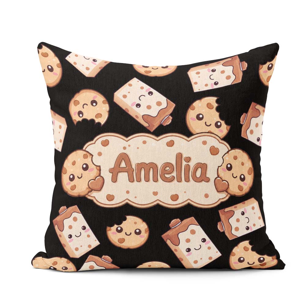 Custom Name Kawaii Cookies and Milk on Black Background Seamless Square Filled Cushion Throw Pillow Sofa Bed Home Decor Zip Washable UK Made