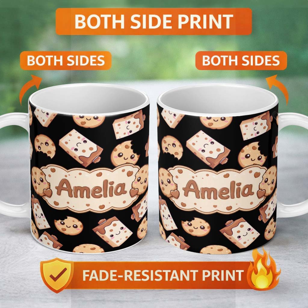Personalized Custom Name Cute Kawaii Cookies and Milk Cartons on Black Background Seamless 11oz Ceramic Coffee Tea Mug White Large Handle