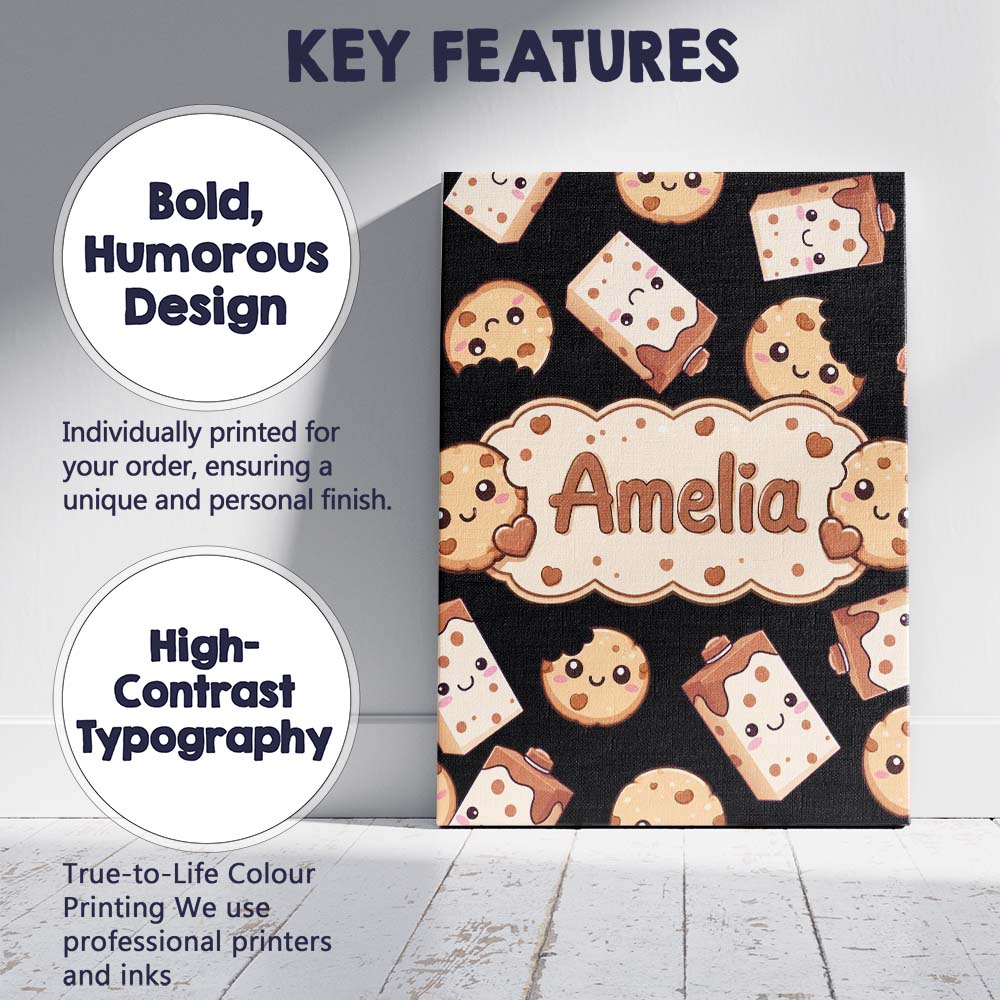 Personalised Name Cute Kawaii Cookies and Custom Unique Gift Idea Elegant Feature Canvas Wall Art Print Decor Picture Ready to Hang