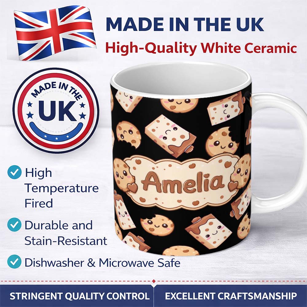 Personalized Custom Name Cute Kawaii Cookies and Milk Cartons on Black Background Seamless 11oz Ceramic Coffee Tea Mug White Large Handle