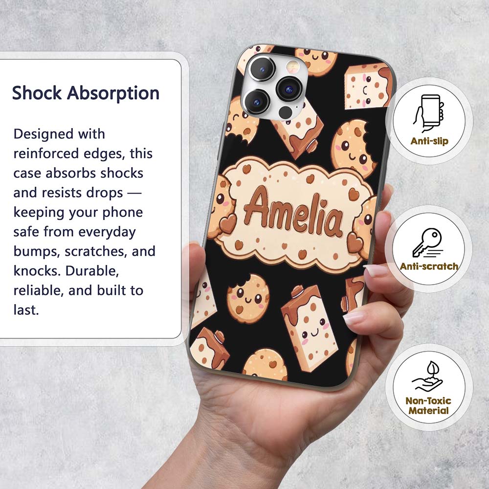 Cute Kawaii Cookies and Milk Cartons on Black Custom Name Protective Phone Case Mobile Cover Durable Everyday Smartphone Shock Resistant