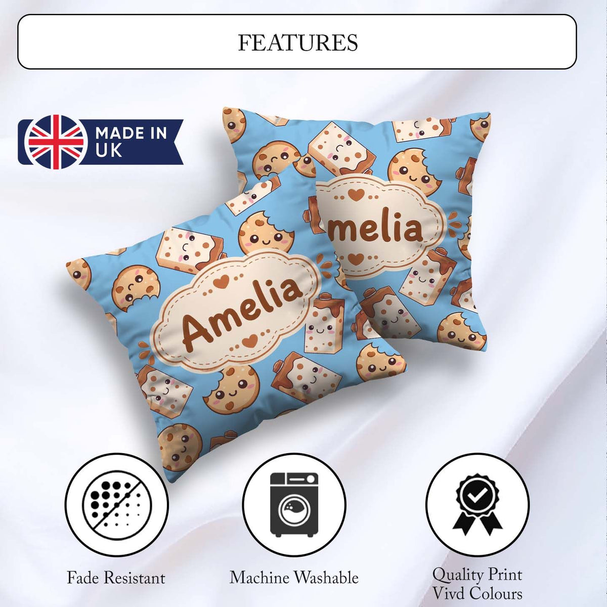 Custom Name Cookies and Milk Cartons on Blue Background Seamless Square Filled Cushion Throw Pillow Sofa Bed Home Decor Zip Washable UK Made