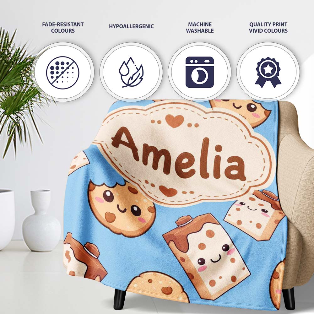 Cute Kawaii Cookies and Milk Cartons on Blue Background Seamless Personalised Custom Name Super Soft Fleece Blanket Bed Sofa Throw
