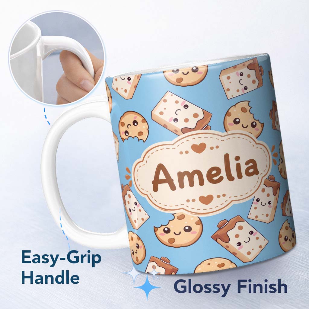 Personalized Custom Name Cute Kawaii Cookies and Milk Cartons on Blue Background Seamless 11oz Ceramic Coffee Tea Mug White Large Handle