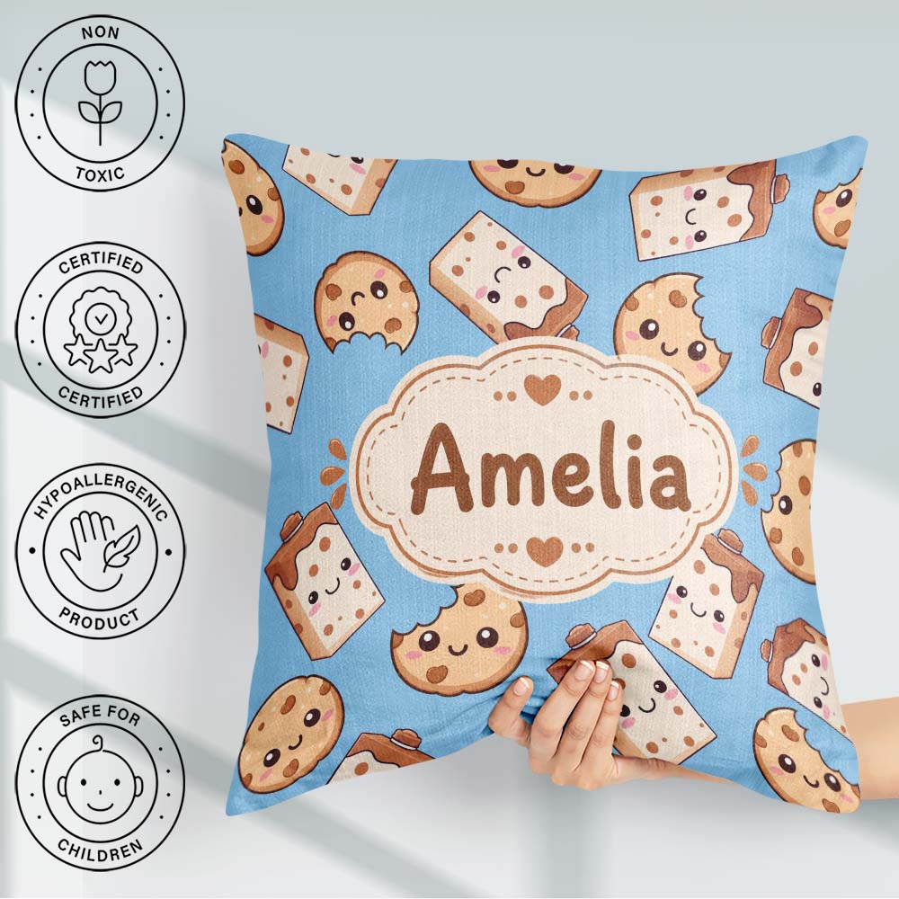 Custom Name Cookies and Milk Cartons on Blue Background Seamless Square Filled Cushion Throw Pillow Sofa Bed Home Decor Zip Washable UK Made