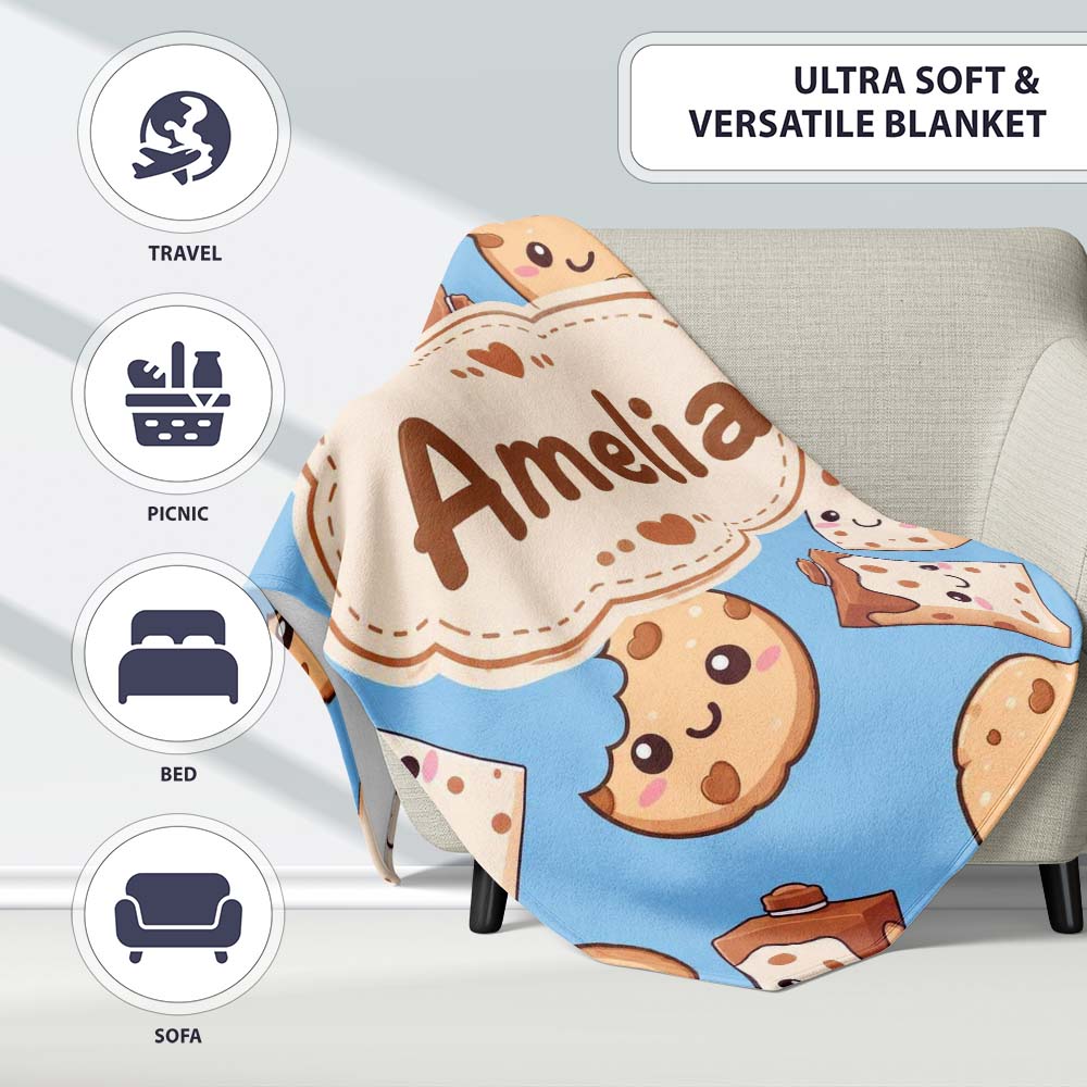 Cute Kawaii Cookies and Milk Cartons on Blue Background Seamless Personalised Custom Name Super Soft Fleece Blanket Bed Sofa Throw